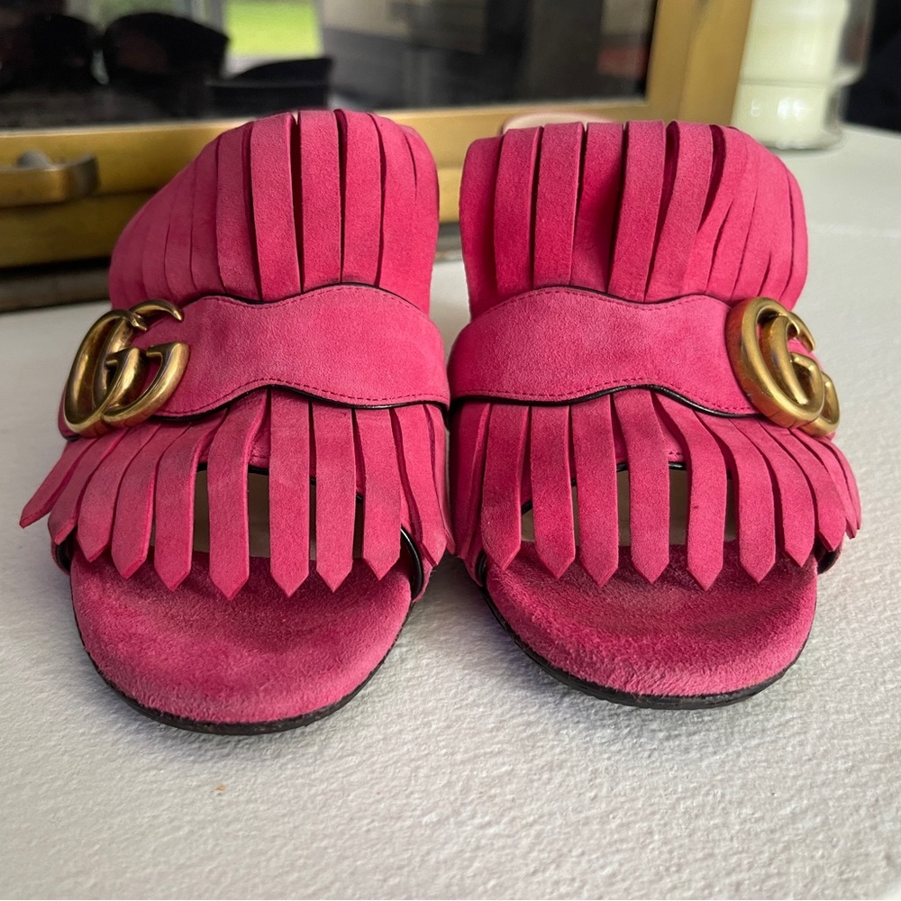 Gucci Hot Pink Suede Fringe Double G Block Heel Mules - Picture 9 of 16